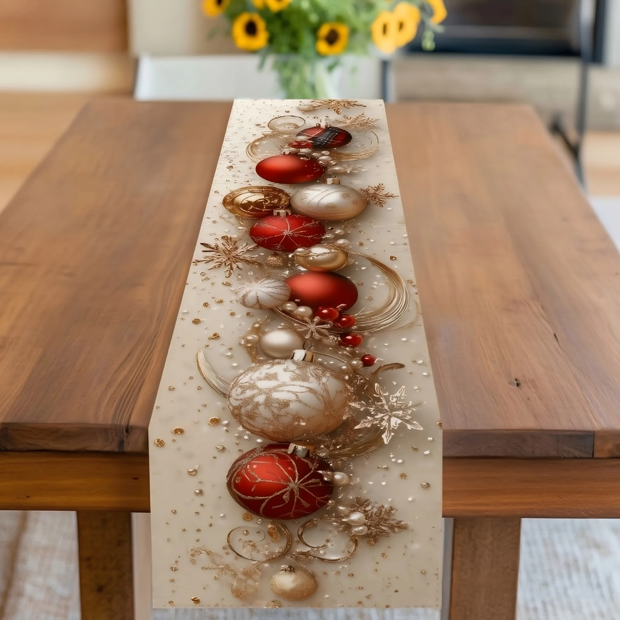Christmas Table Runner, Red Golden Ornaments Snowflake Pattern, Festive Decor for Christmas Party Dining Table Home Decoration