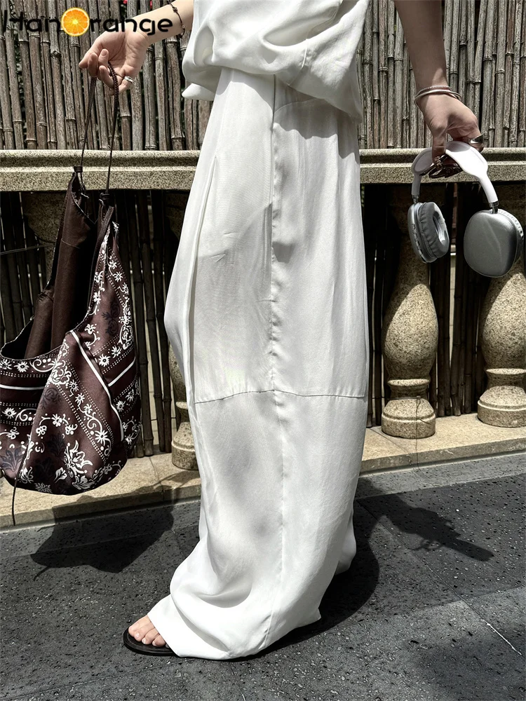 HanOrange 2026 Summer Fashion Cupro Rib Folded Wide Leg Pants Women Drip Feeling Smooth Trousers White