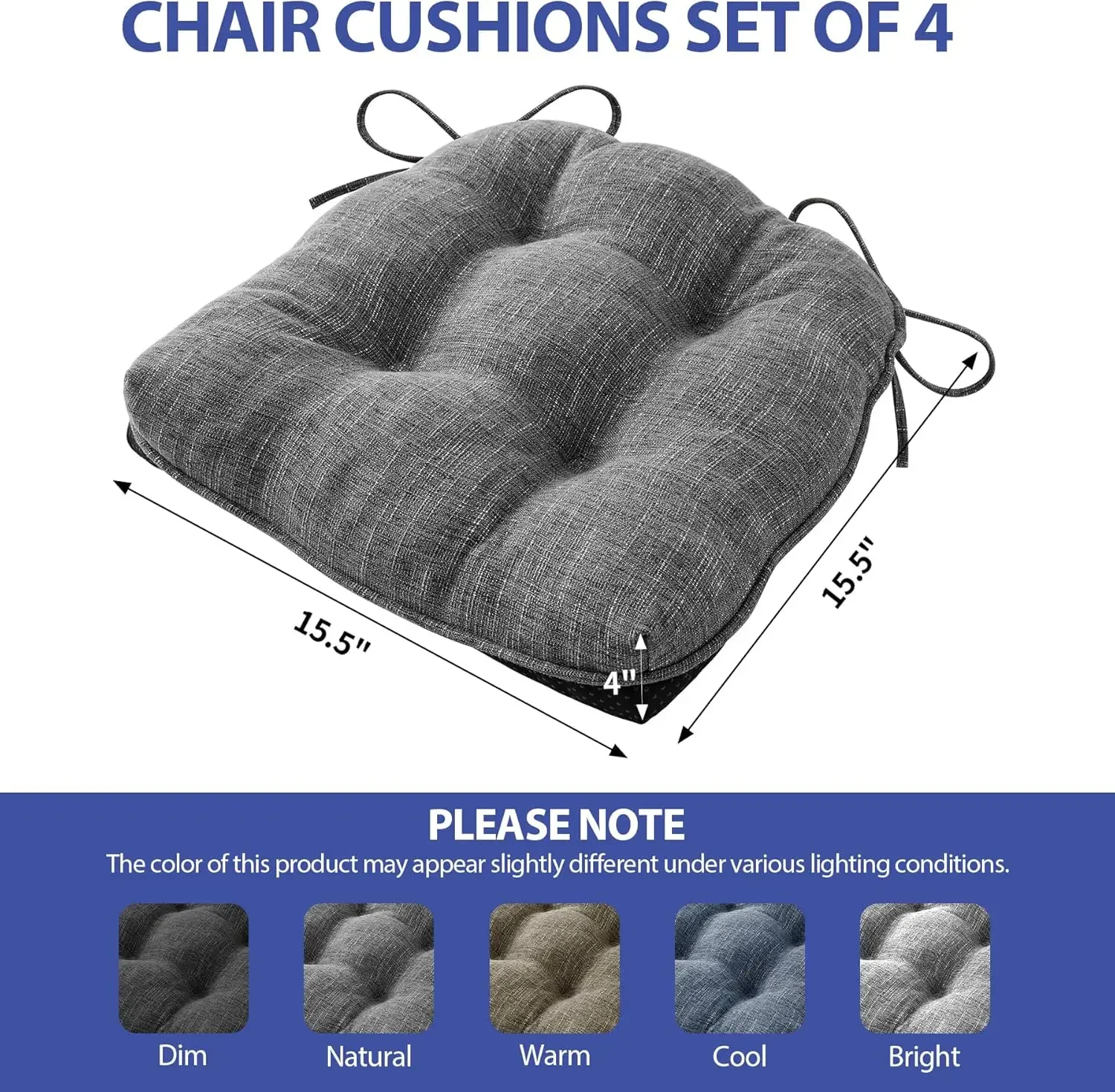 4 - Pack Chair Cushions for Dining Chairs, with Ties and Non - Slip Backing, Memory Foam, 15.5