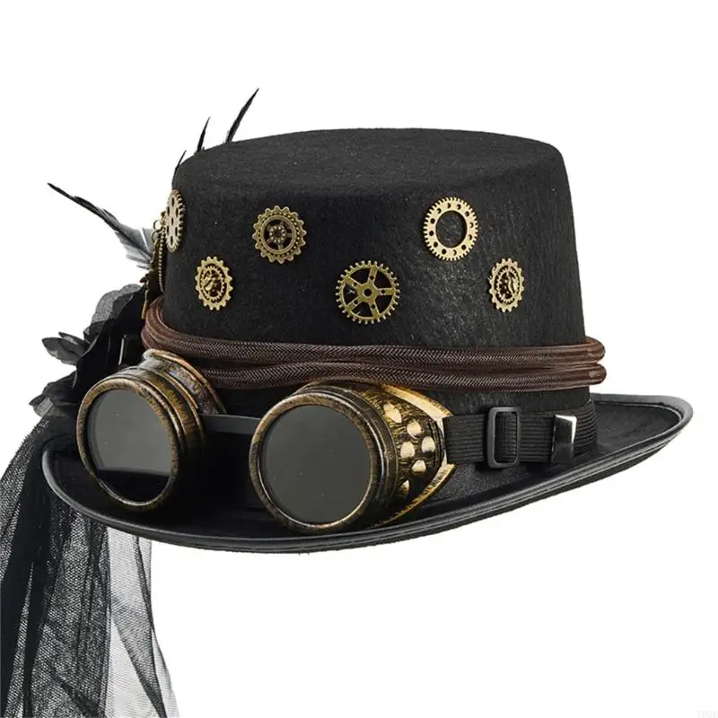 Steampunks-Themen-Mesh-Schleier-Top-Cap mit verstellbaren Brillendekoren, Modeaccessoire, Halloween-Kostümhüte, Y08E – Detail 7