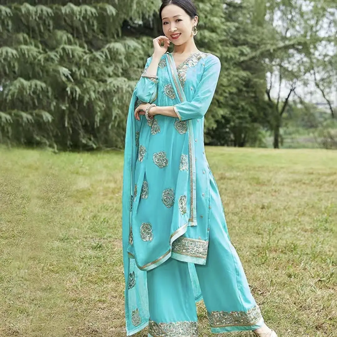 P288 Exotic Spring Indian Dance Xinjiang Dance Training Clothes Set of Three Pieces with Tibetan Ethnic Characteristics