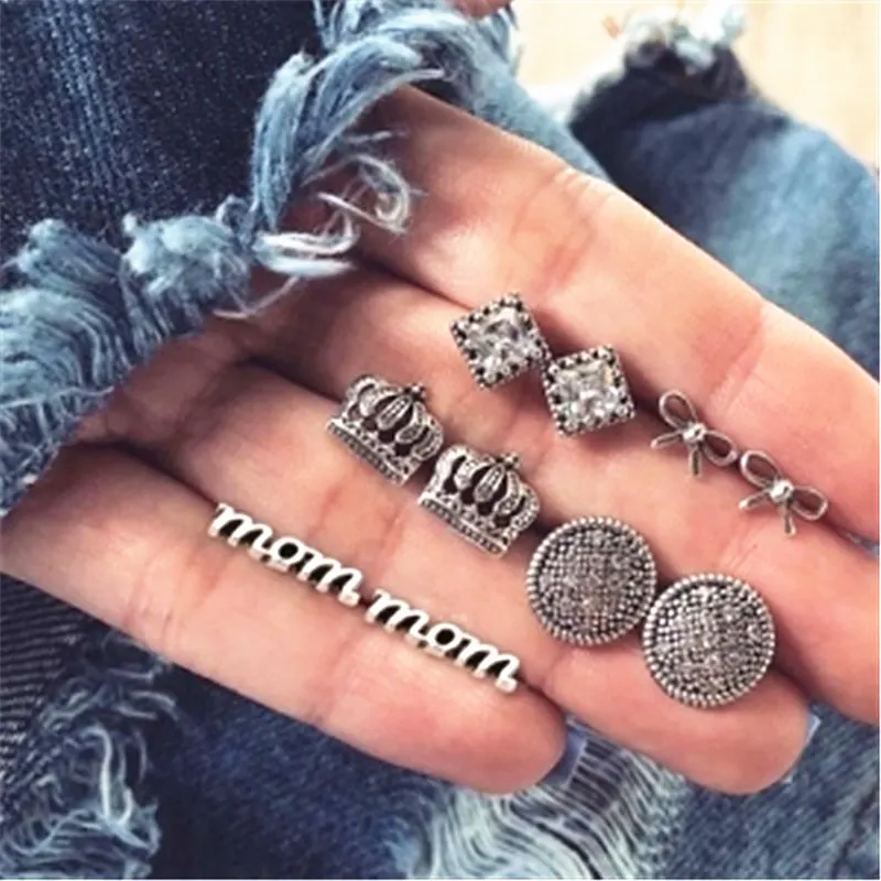 Boho Bow Letter Mom Crown Crystal Earrings Set Women Punk Stud Gift Earrings Set Personality Party Clothing Jewelry 5 Pairs/Set
