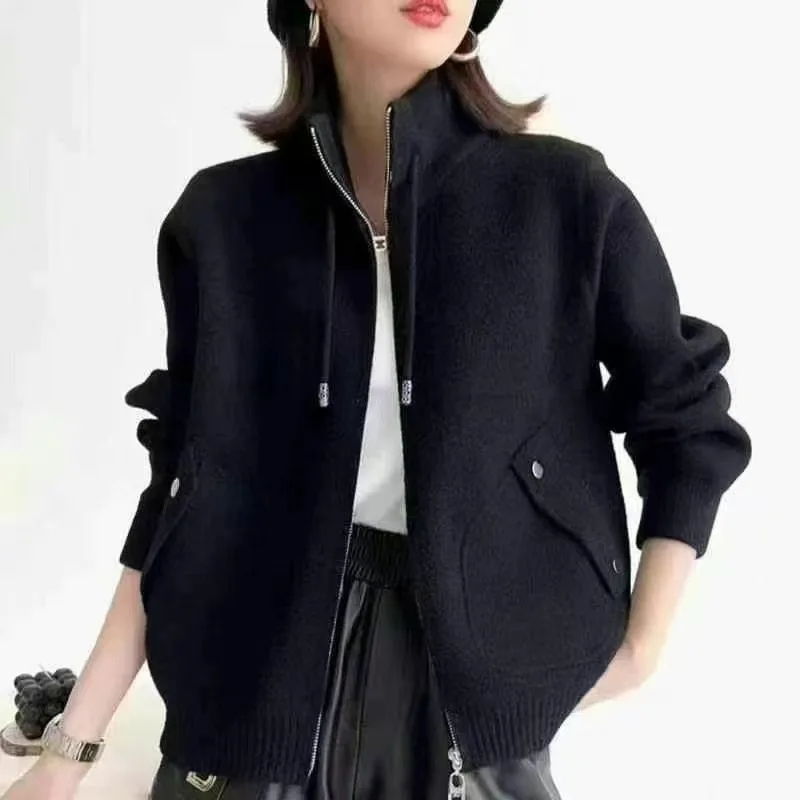 

Модная трикотажная куртка, женская новинка 2026, весенне-осеннее шерстяное пальто на молнии, женский короткий свитер, свободный кардиган с высокой талией, верхняя одежда