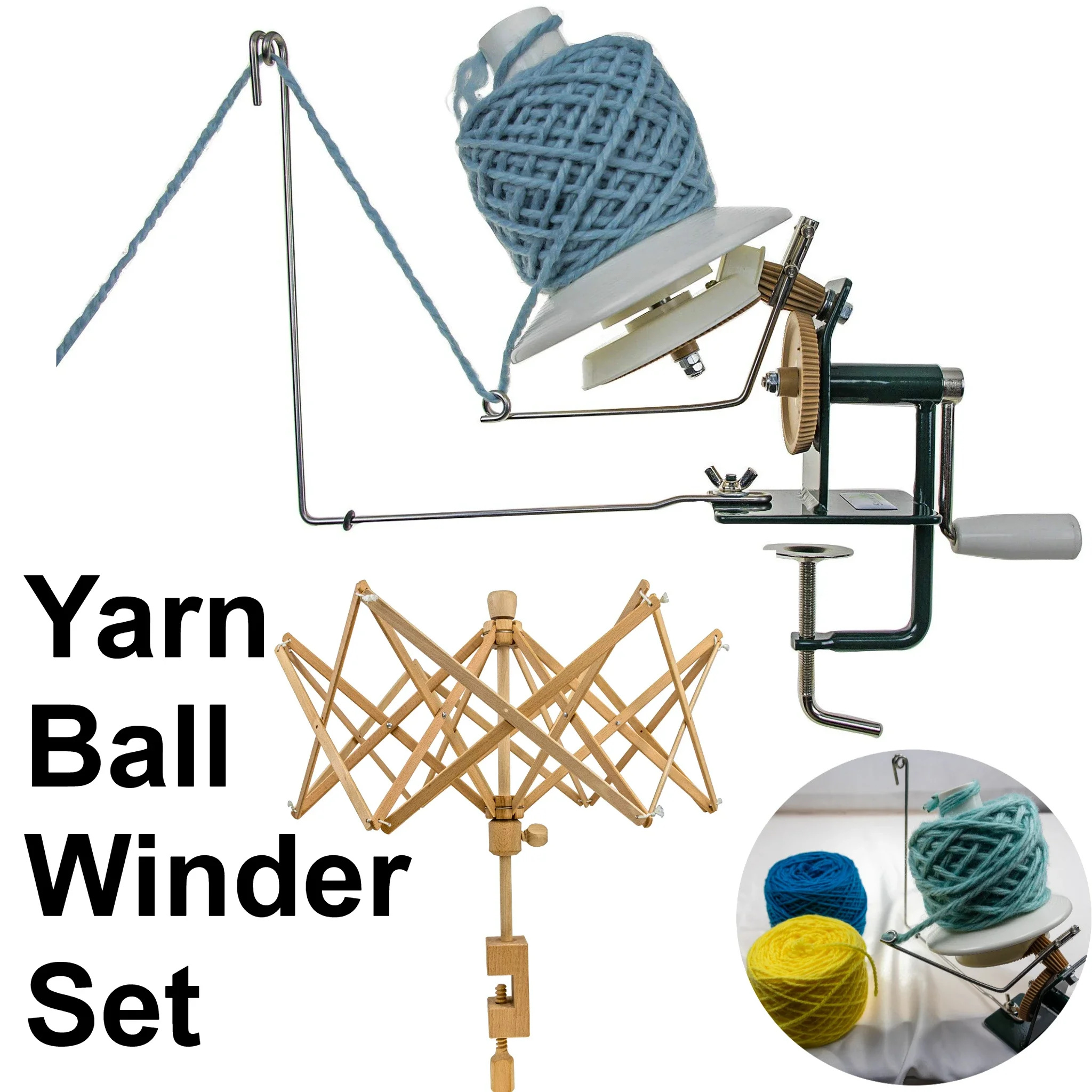 Yarn/Wool/String Ball Winder Set with Needlecraft Wooden Umbrella Swift Clamps To Tables Up To 4cm Thick Handmade Knitting Tools