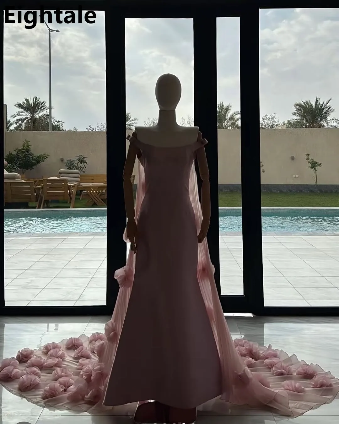 Eightale 2025-vestido de noche de sirena rosa con flores de lujo, vestido de fiesta de boda con hombros descubiertos, vestido de fiesta árabe saudí personalizado