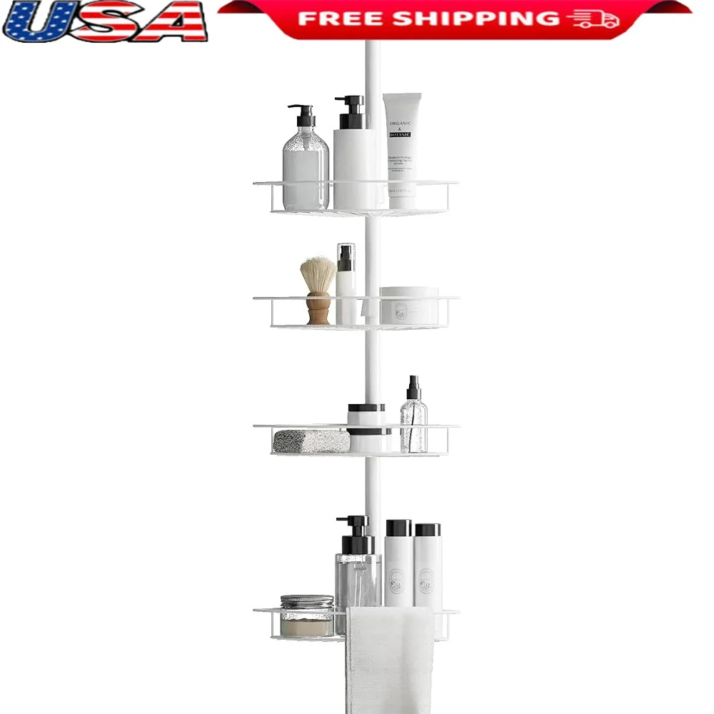 

Adjustable Tension Pole Shower Caddy Corner Organizer with 4 Baskets Built-in Towel Bar Rust Resistant Easy Assembly No Drill