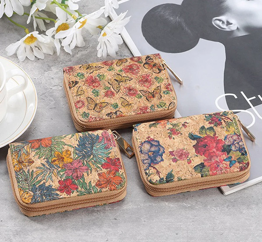 

DHL50pcs Women Cork Leather Floral Leaf Printing Short Card Holders