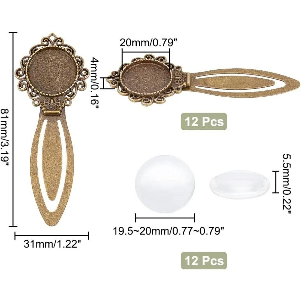 24 Pcs Antique Bronze Bookmark Pendant Tray Kit Including 12 Pcs Tibetan Style Bookmark Cabochon Settings 12 Pcs Dome