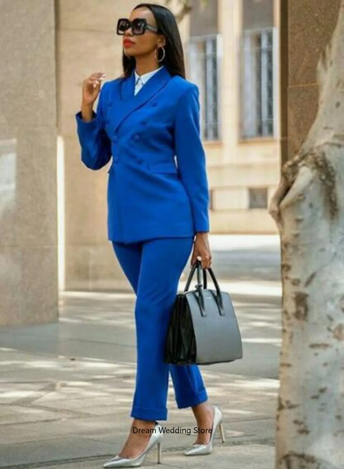 Royal Blue Elegant Fashion 2 Piece Ladies Double Breasted Daily Slim Office Suit Jacket + Pants Formal Prom Evening Dress Custom