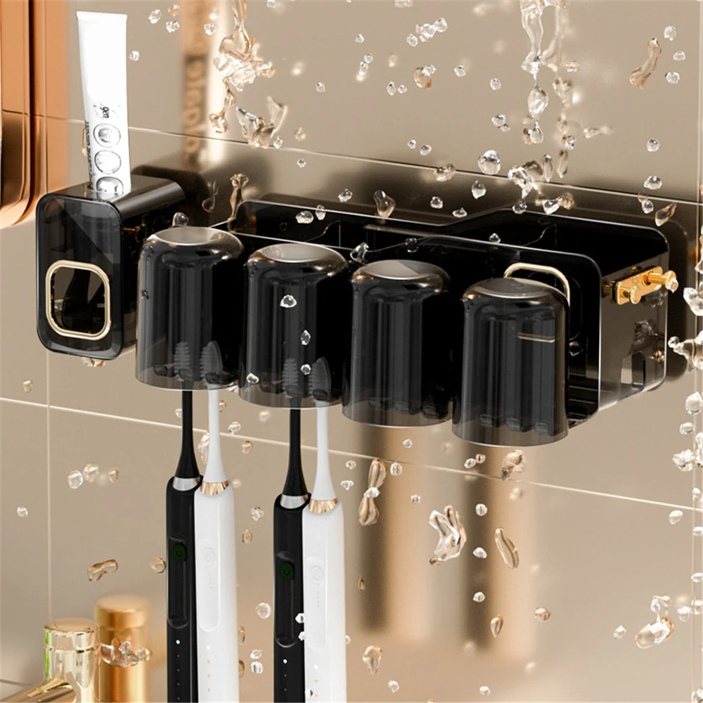 Punch-free Toothbrush Holder Bathroom Accessories Storage Rack Wall Mounted Black Makeup Organizer Box