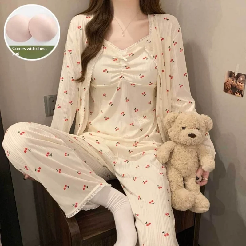New Women's Pajamas, Long-Sleeve Camisole Three-Piece Set with Chest Pads, Pure and Cute Korean-Style Sweet Lingerie Loungewear