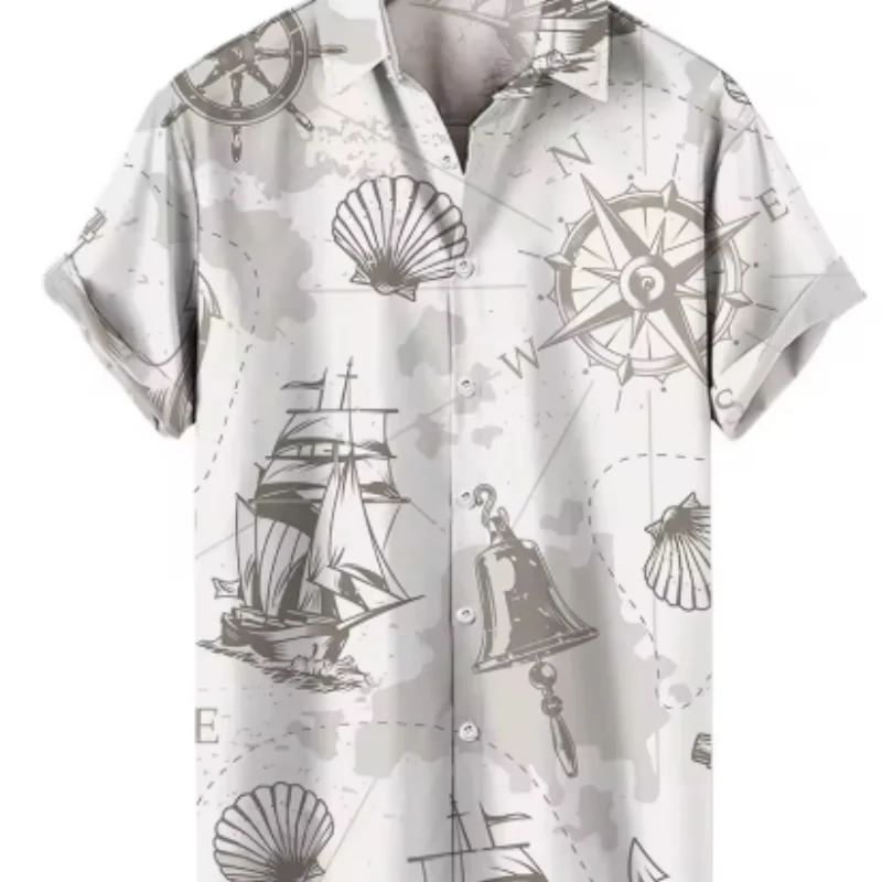 Kemeja Olahraga Pantai Hawaii Pria Atasan Pria Musim Panas Lengan Pendek Kasual Motif Perahu Layar 3D