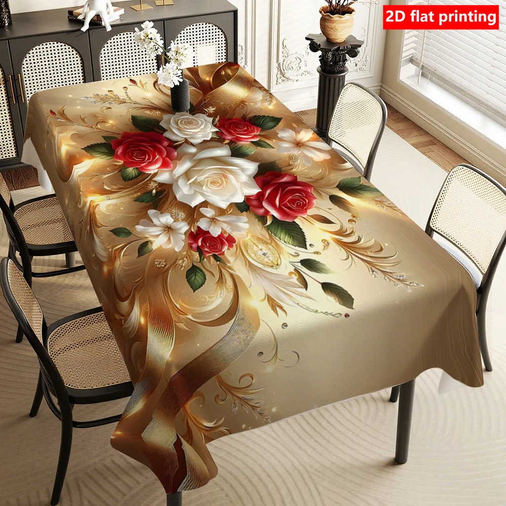2D flat printing, 1pc luxurious red and white rose tablecloth, durable polyester tablecloth
