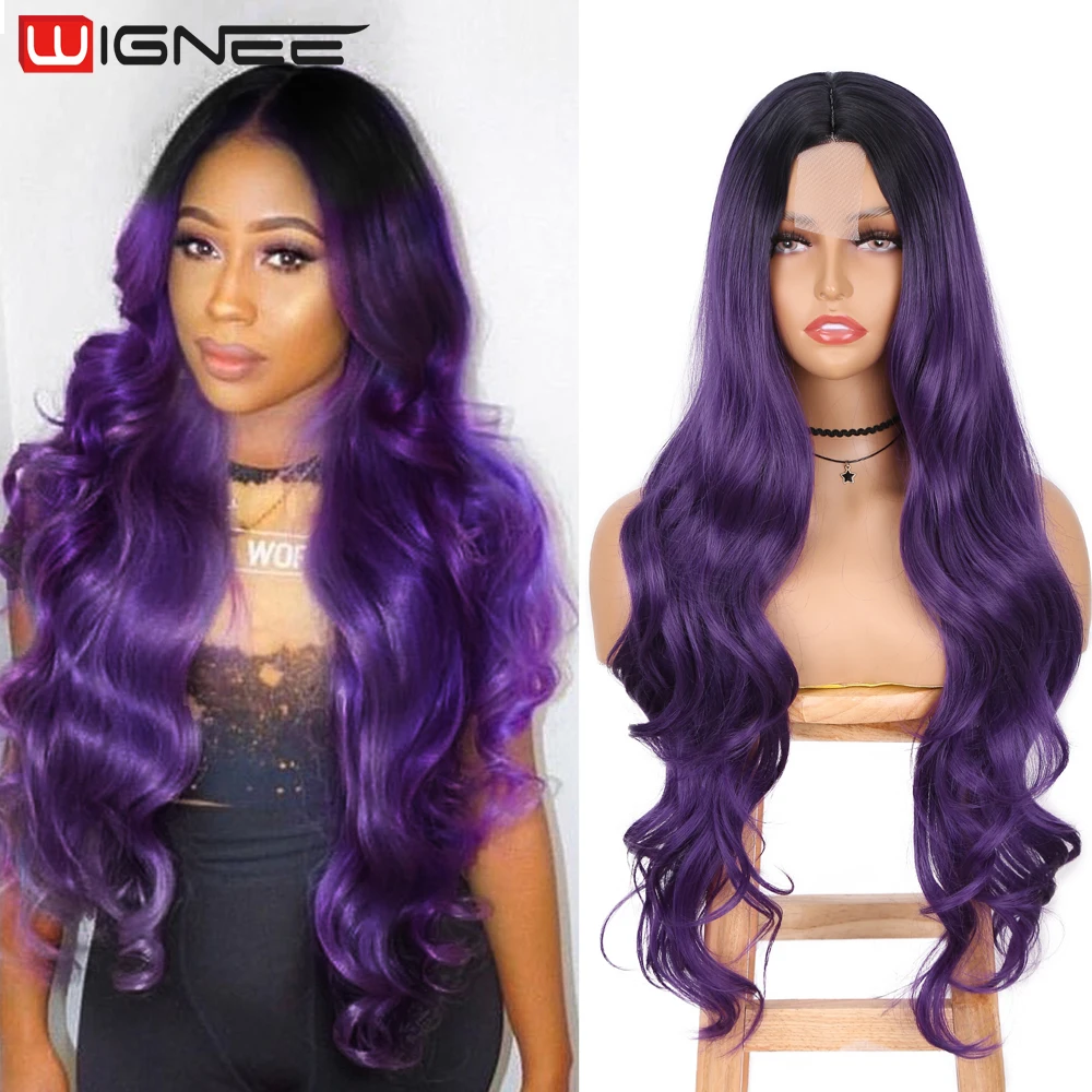 

WIGNEE Long Wig Wavy Hair Black Purple Wig Ombre Synthetic Wigs For Women Body Wave Wig Middle Part Heat Resistance 26 Inch