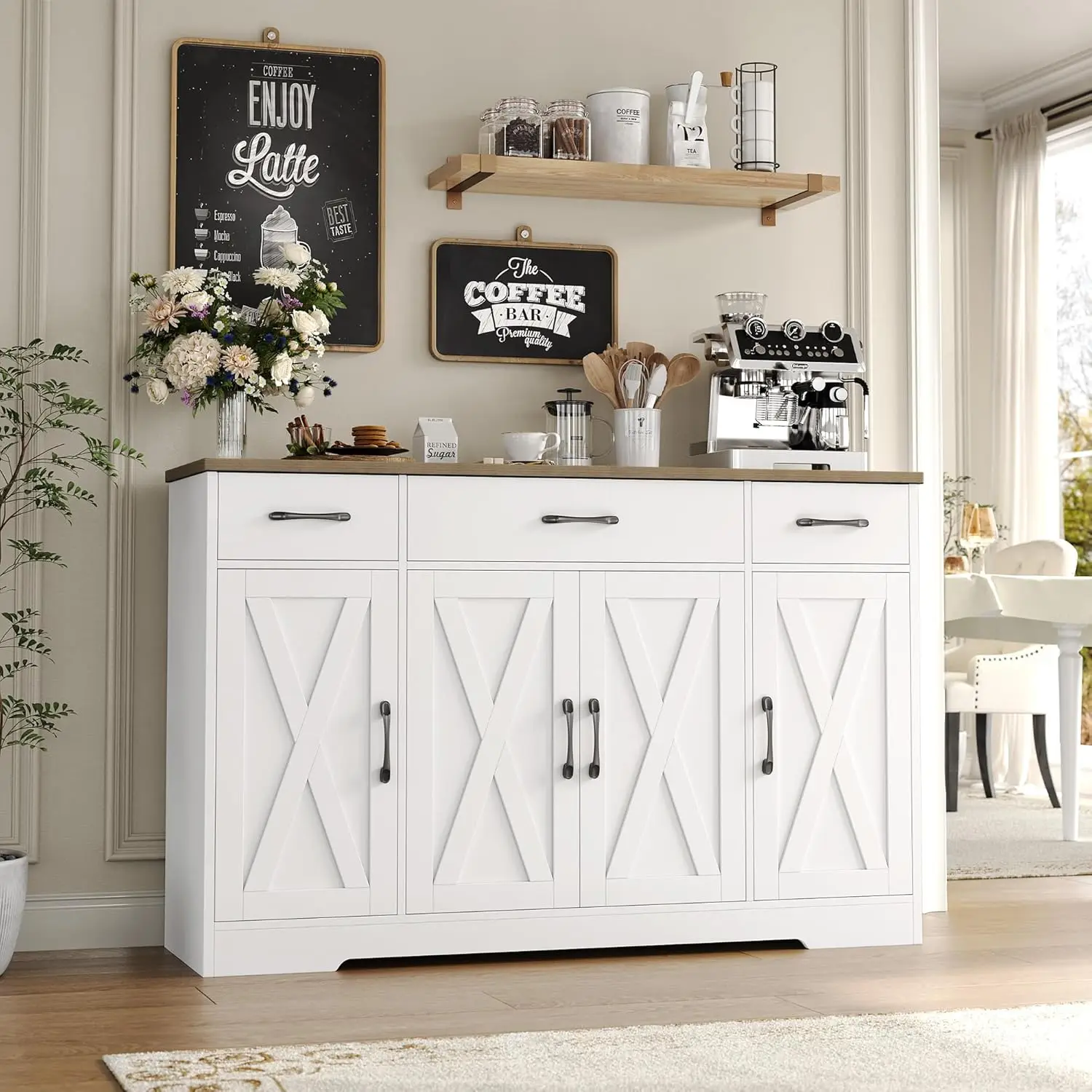 HOSTACK Buffet Cabinet with Drawers, 55" Large Sideboard Buffet Storage Cabinet with Shelves and Doors, Modern Farmhouse