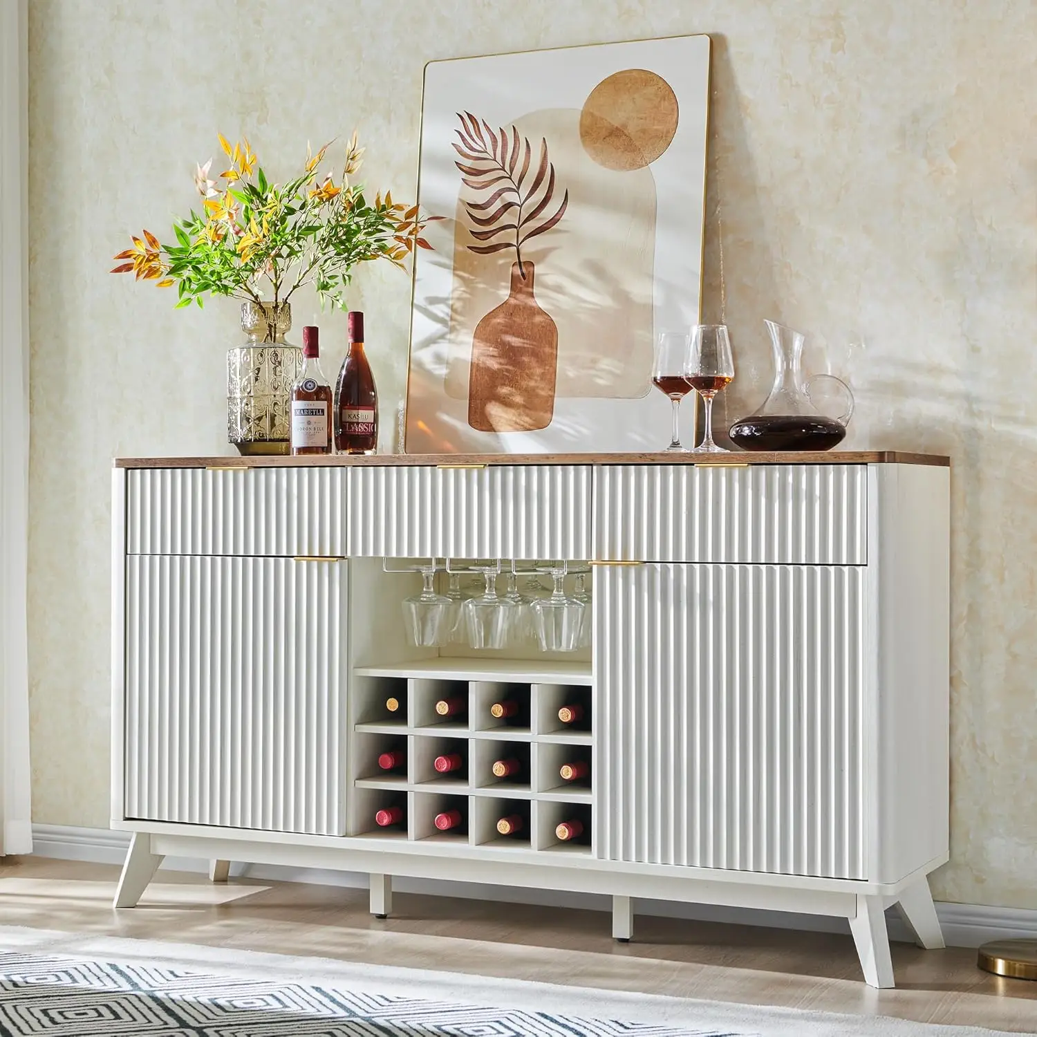 

Fluted Wine Bar Cabinet For Liquor, 60"" Modern Coffee Bar Cabinet W/Wine & Glass Rack, Large Buffet Sideboard W/ 3 Storage