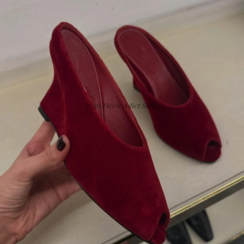 Red /black velvet wedge mules peep toe women's 2026 summer new in high heels sandals luxury designer party shoes on offer