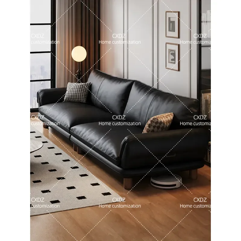Black Leather Sofa Living Room First Layer Cowhide Minimalist Retro Straight Row Light Luxury Modern Simple Couch