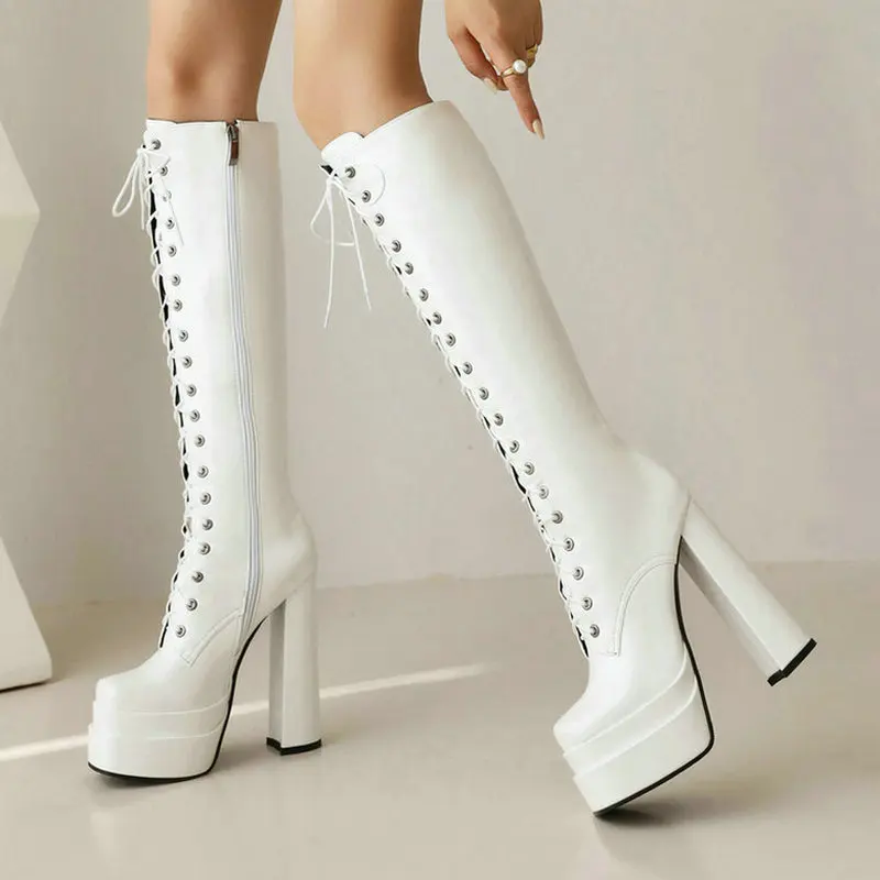 Black White Women Knee High Boots Platform Thick High Heel Ladies Calf Boots Faux Leather Fashion Square Toe Zipper Women\'s Shoe