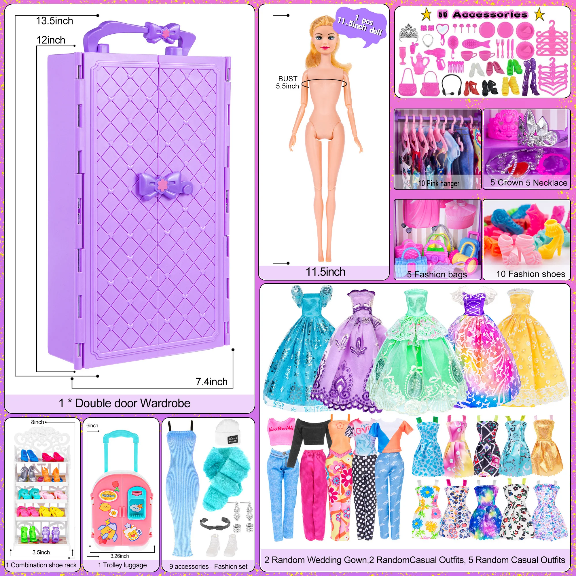 106pcs 11.5 Inch Doll and Closet Include Wardrobe, Doll, Stylish Blue Set, Luggage, Shoe Rack, Wedding Gowns (One Doll)