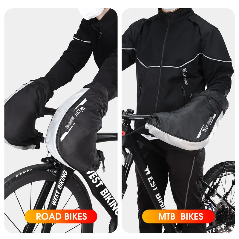 WEST BIKING Bicycle Handlebar Gloves Windproof Reflective Winter Bike Bar Ends Mitts Road MTB Cycling Handlebar Thermal Mittens