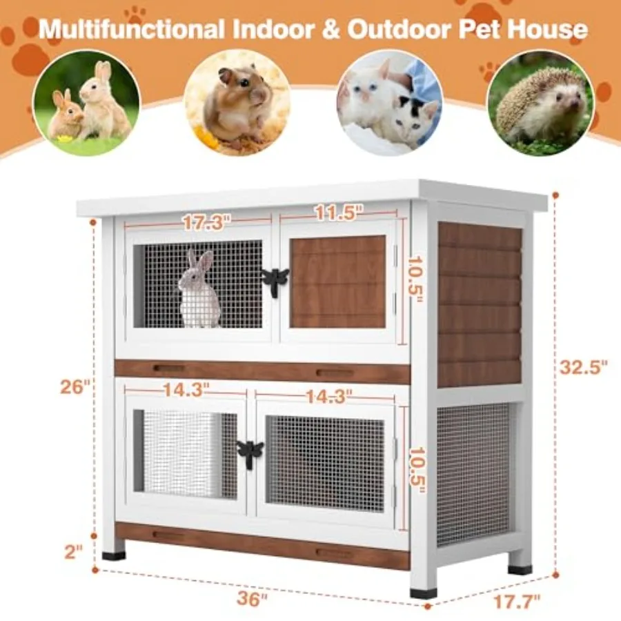 2 Story Rabbit Hutch, Indoor Outdoor Bunny Hutch Solid Wood Rabbit Cage with Removable Trays, Waterproof Asphalt Roofs and Vent