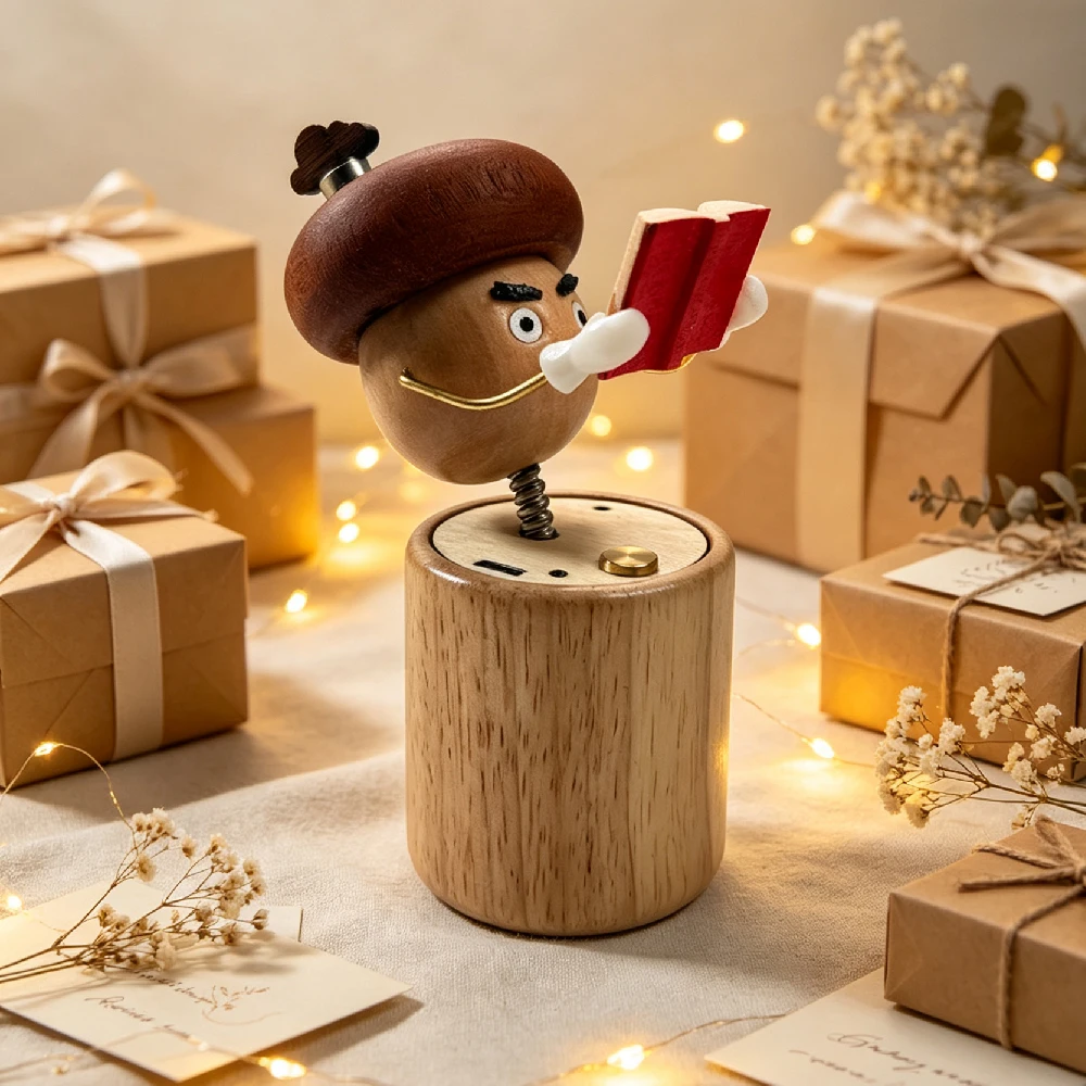 1PCS Cute Wooden Mushroom Man Bobblehead Figurine - Handmade Forest Mushroom Reading Book Statue, Aesthetic Desk Decor