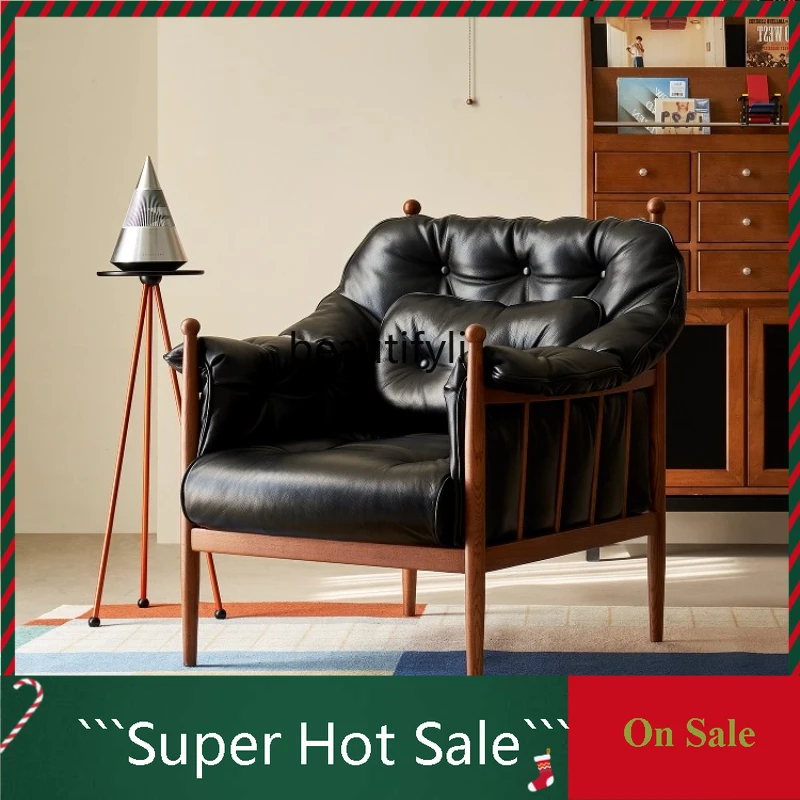 

zHGenuine Leather Leisure Chair French Retro Solid Wood Single Sofa for Home Living Room Designer
