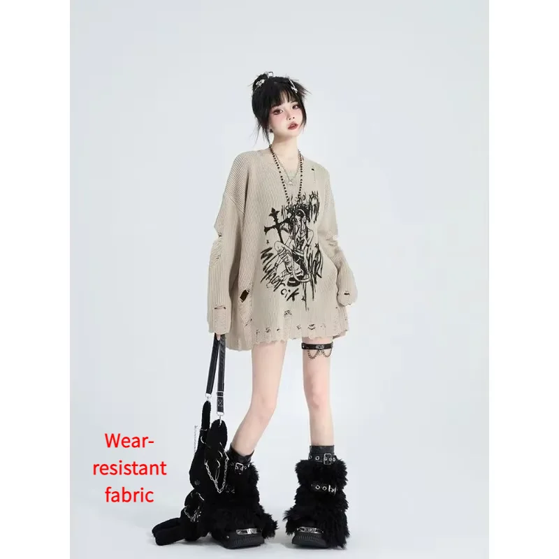 

Kerst Vintage Gat Vrouwen Gebreide Truien Harajuku Print Truien Grunge Japanse Mode Oversized Herfst Gothic Knitwear