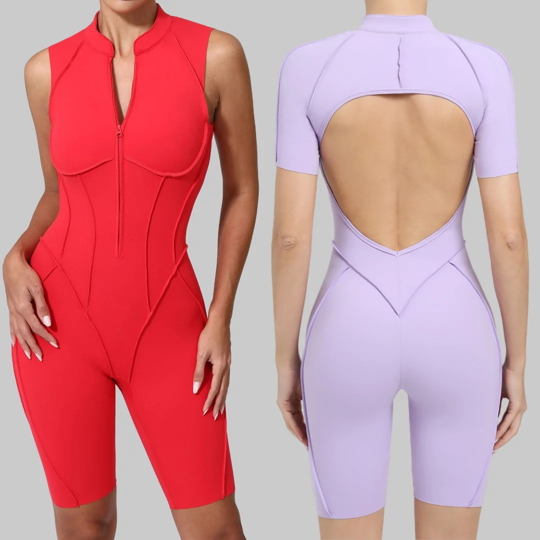 

Seamless Yoga Jumpsuits Sports Fitness Hip-lifting Skinny Short-sleeved Zipper One-piece Workout Gym Shorts Sportswear for Women