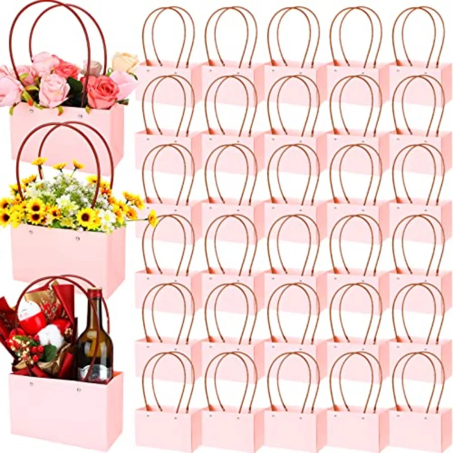 

30 Pack Flower Paper Gift Bag - Bouquet Portable Rectangle Flower Handbag Waterproof Box with Handles for Arrangements - Weddin