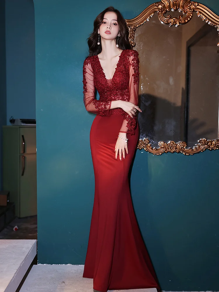 Red High Definition Evening Dress for Women 2023 New Light Luxury and Small Number High end Fishtail Long Dress, Toast Dress,