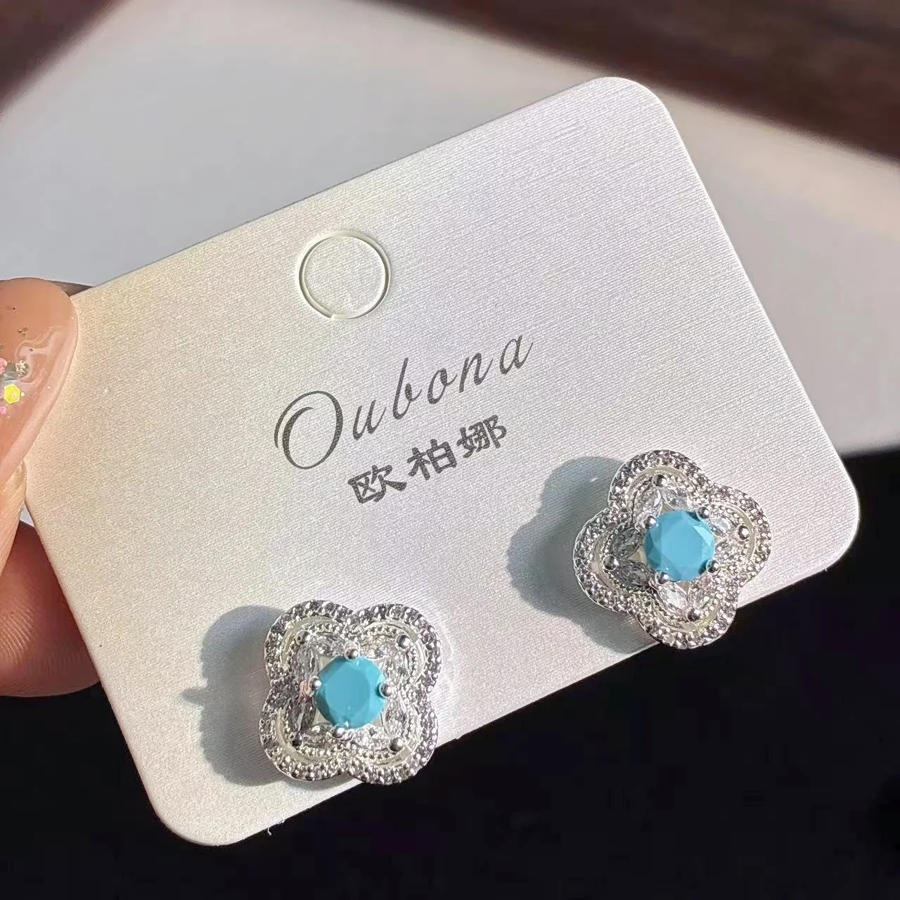 Luxury Four-leaf Clover Full Zircon Stud Earrings, Pink & Blue Zircon Daily Commute Versatile Women Ear Jewelry