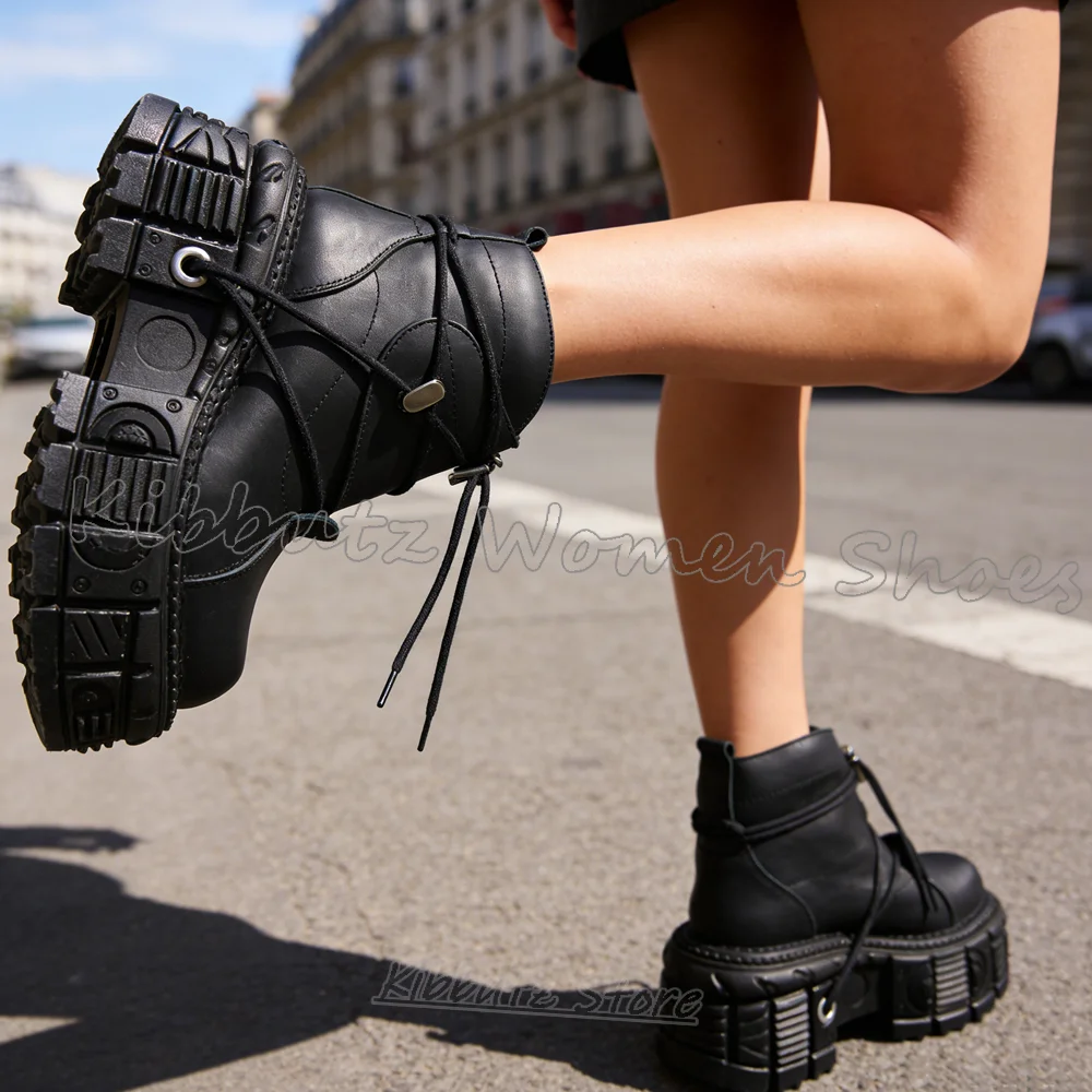 Cross Strap Ankle Modern Boots Platform Leather Solid Color Lace-Up Women Shoes Punk Rock Gothic Novelty Round Toe Thick Bottom