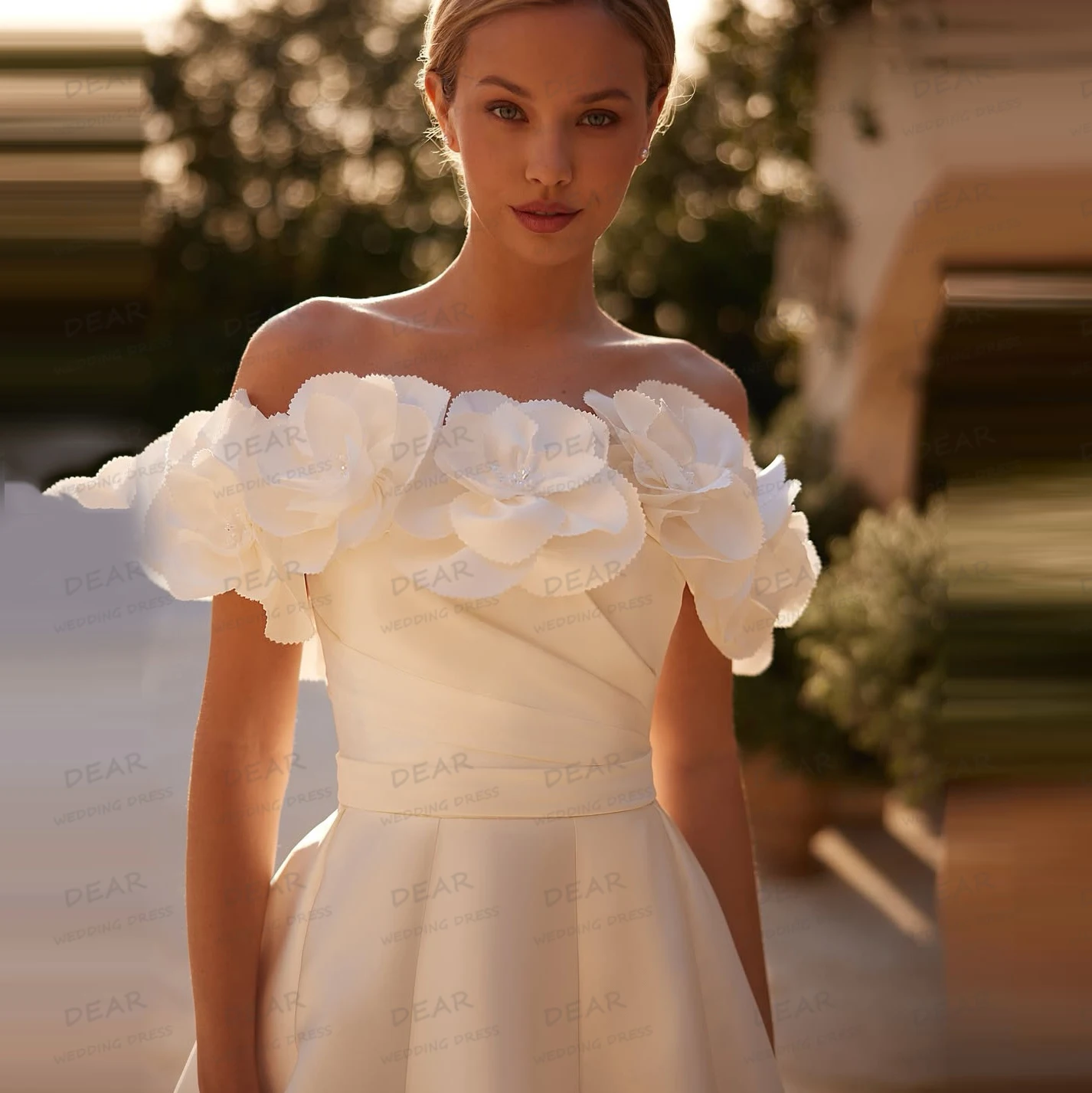 Elegant Wedding Dresses Women's A Line Off Shoulder 3-D Flowers Princess Backless Satin Bride Gowns Vestidos De Novia Customized