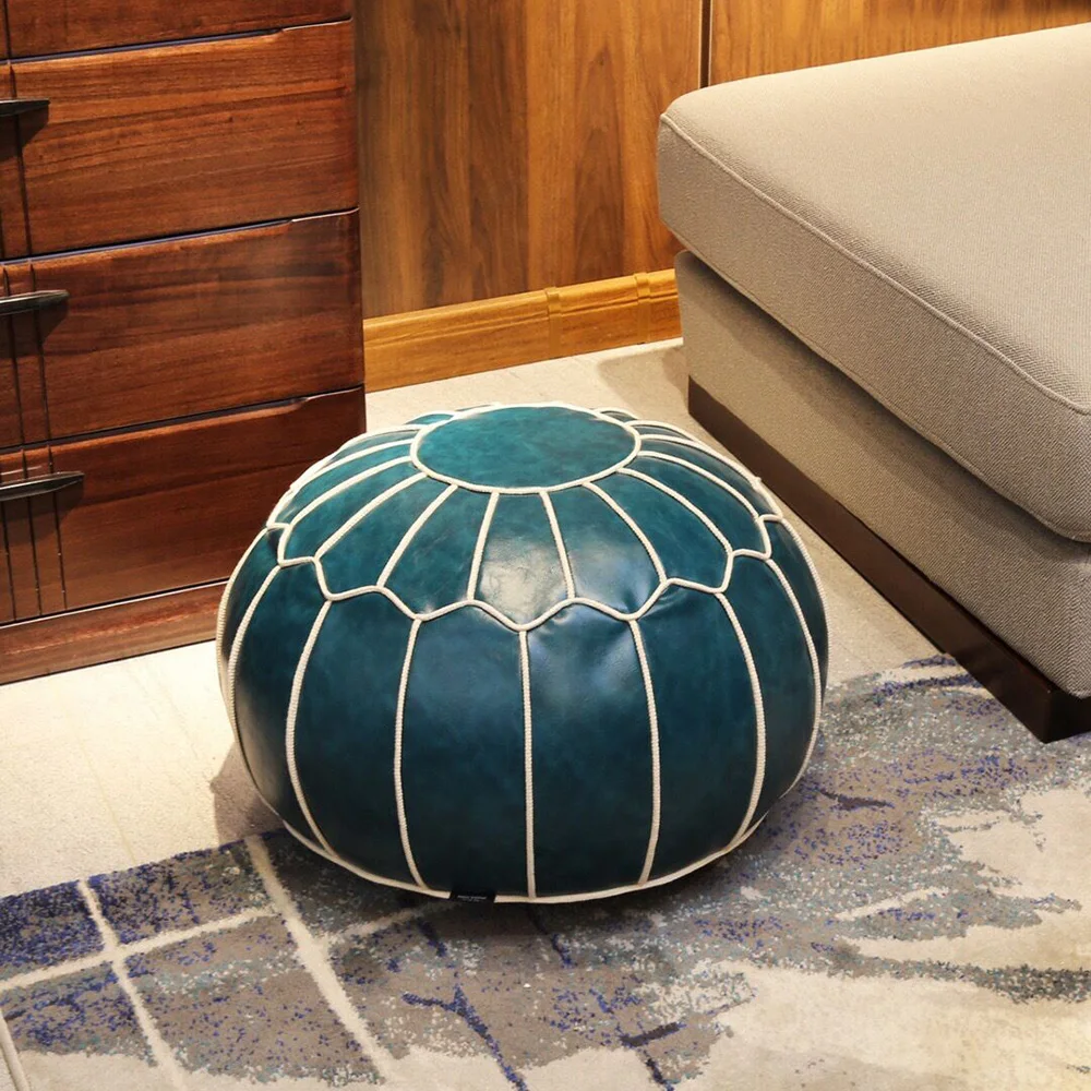 

Moroccan PU Leather Pouf Embroider Craft Hassock Ottoman Footstool Nordic Style Round Large Artificial Leather Unstuffed Cushion