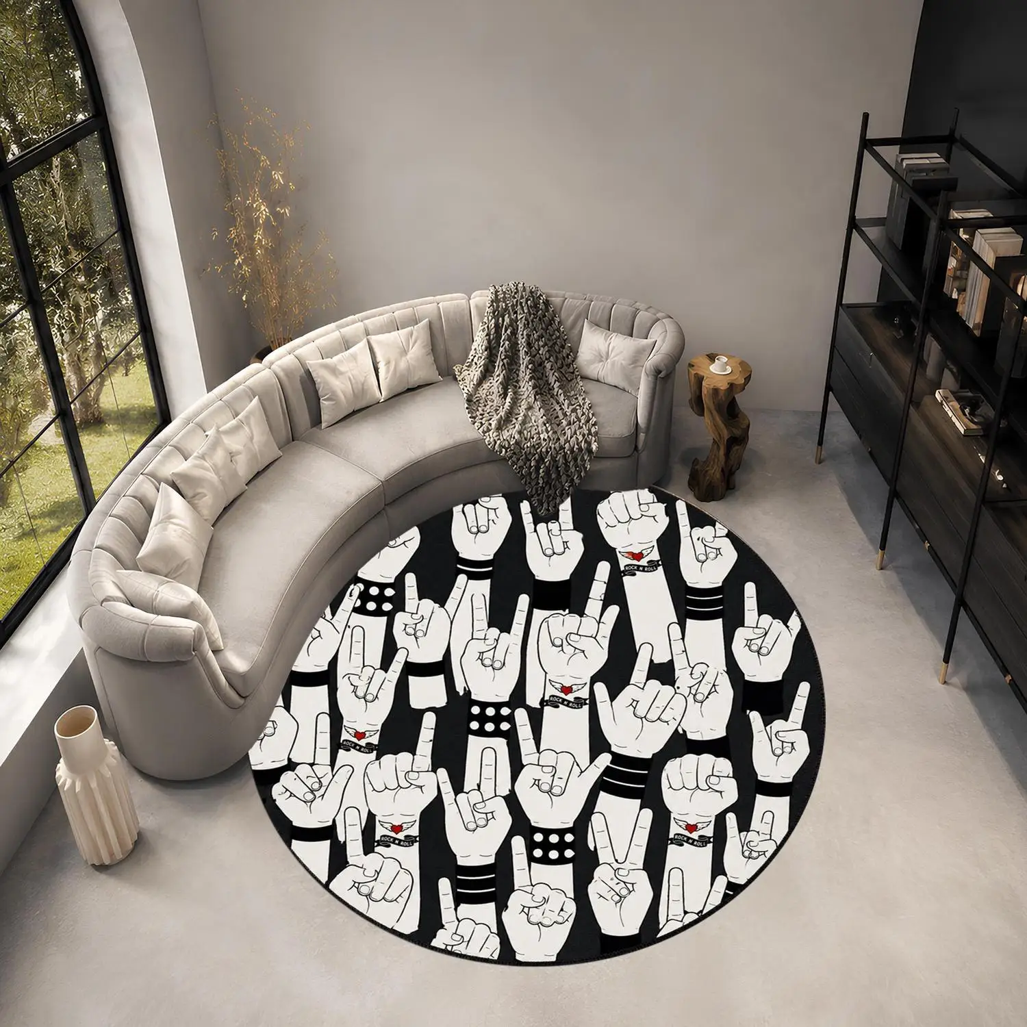 【Room Decoration Carpet】Rock Gesture Round Carpet Black and White Music Enthusiast Decorative Mat