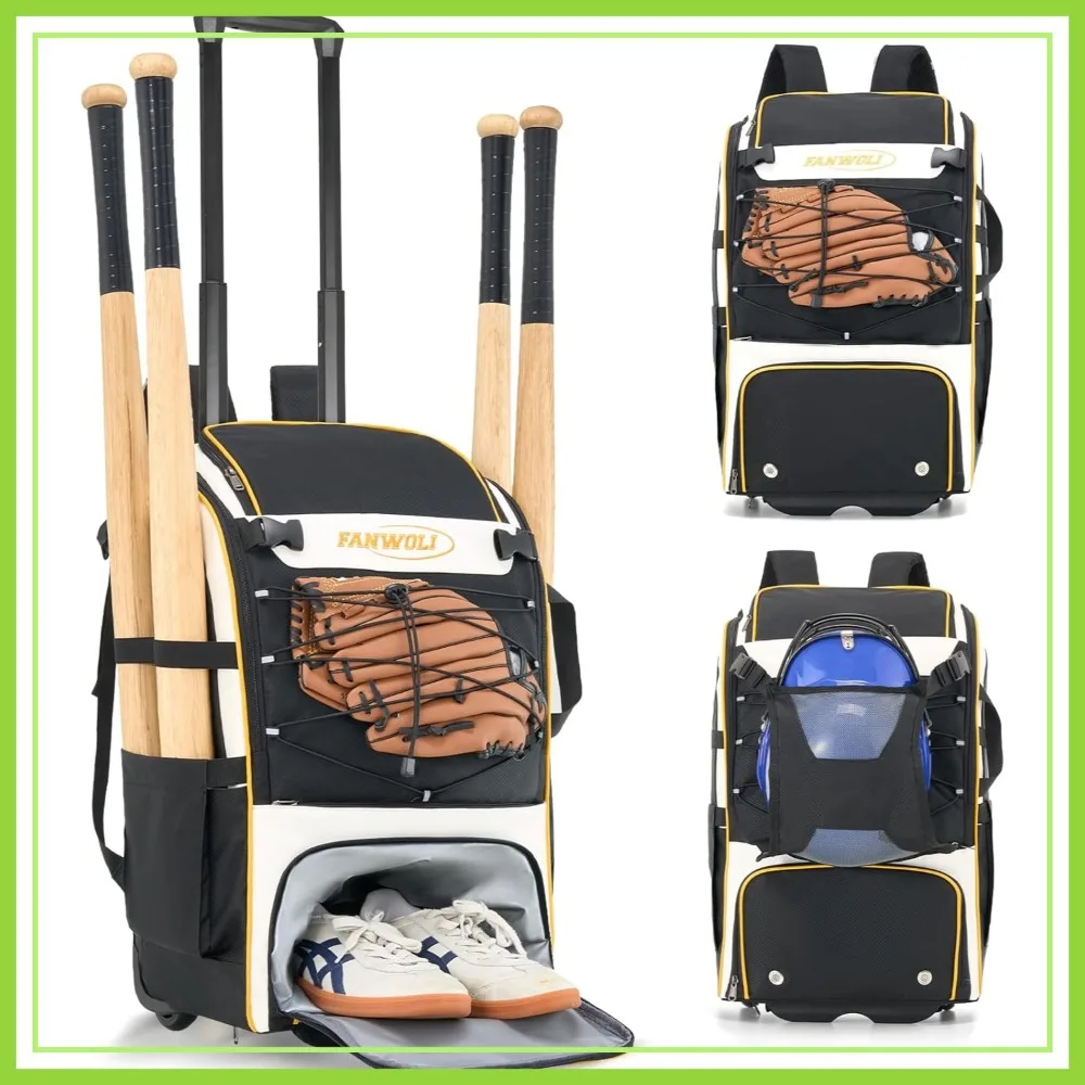 Leather Rolling Baseball Bag with Wheels, Rain Cover & Mud Guard, 4-Bat Tournament Roller, Large Equipment Organizer