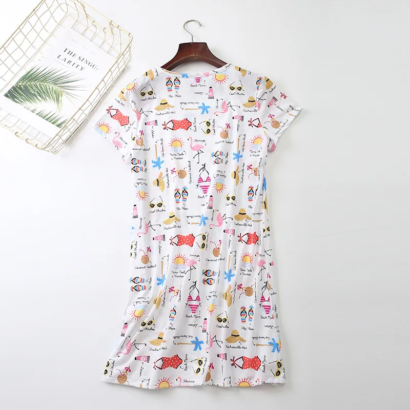 Summer Printing Mid-length Nightdress Women's Cute Cartoon Cotton Home Clothes Knitted Sweet Short-sleeved Round Neck Nightgown