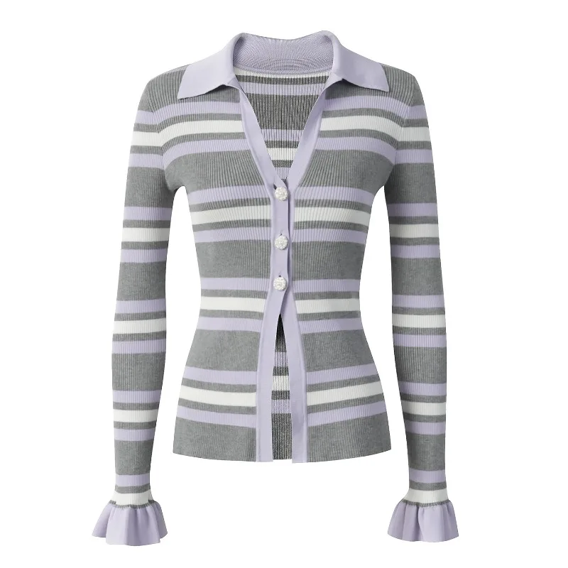 Gray Color Clash Stripe Knitted Jackets Single Breasted V-neck Knitwears Long Flare Sleeves Slim Split Casual Stylish Short Tops