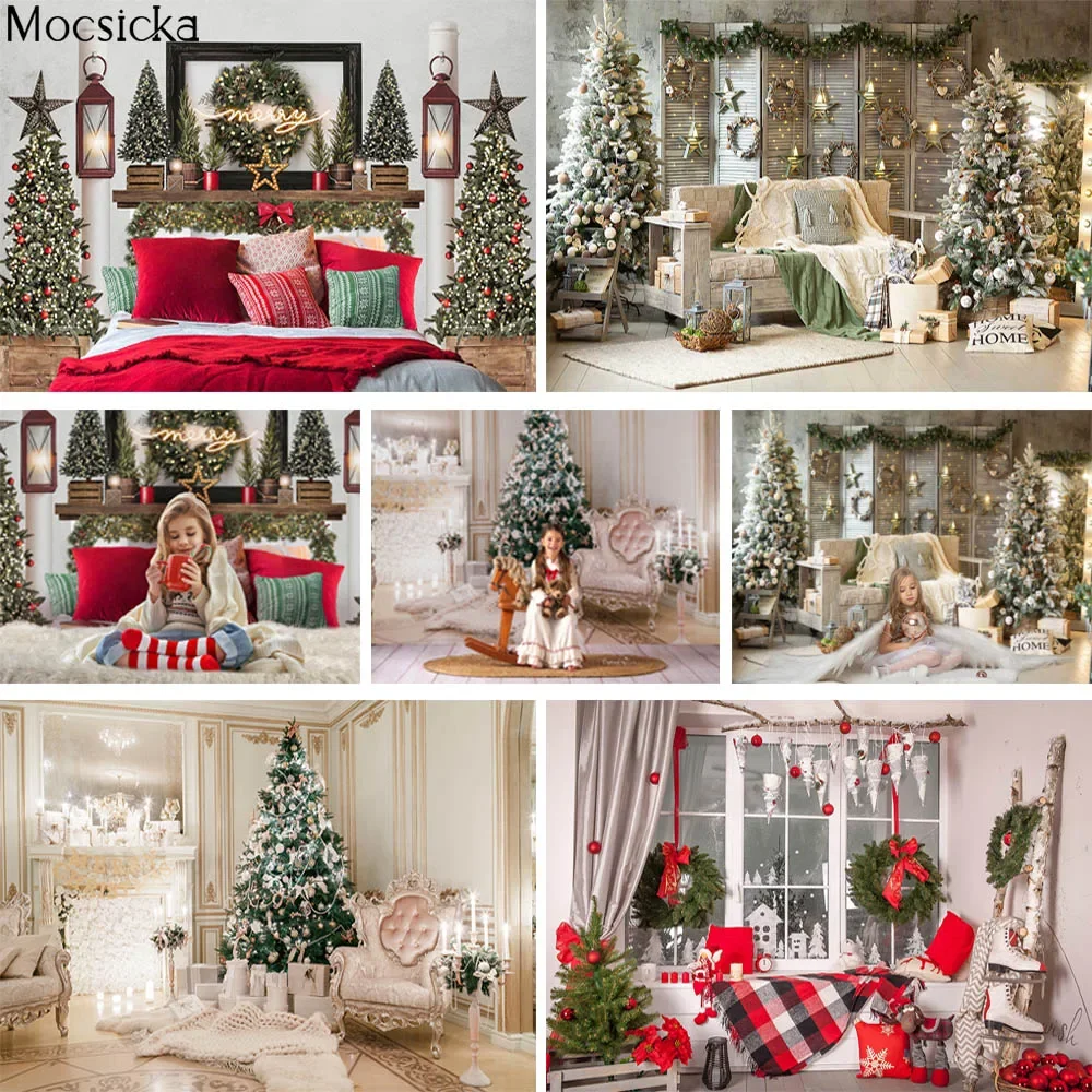 Mocsicka Christmas Tree Royal Luxury Room Fireplace Sofa Gift Kid Photo Background Child Portrait Photocall Photography Backdrop