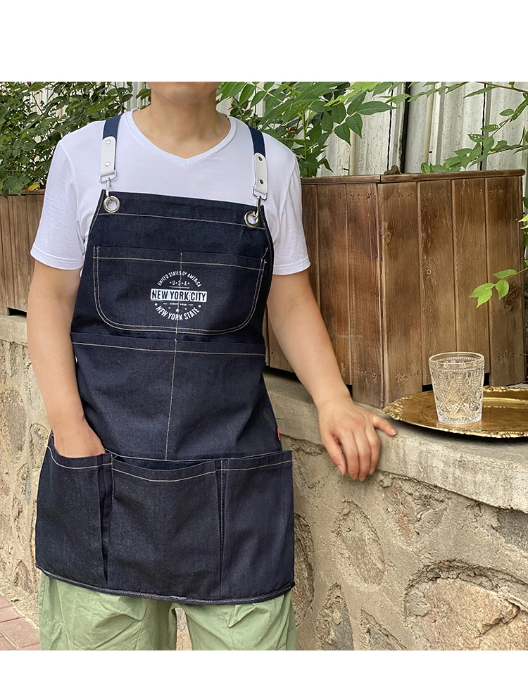 Half-length denim apron custom LOGO western restaurant bakery cake shop short waiter multi-pocket overalls