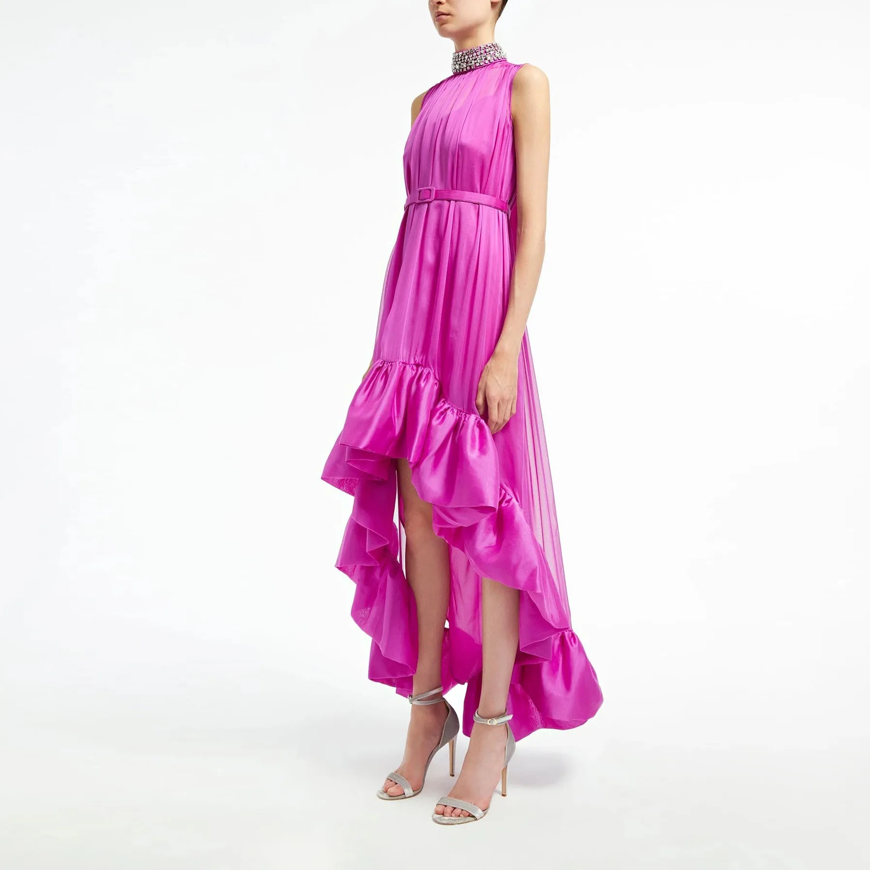 Newest Fuchsia High Low Women Maxi Dresses With Sparkle Crystal Beaded Neckline  Modest Maxi Dress To Party