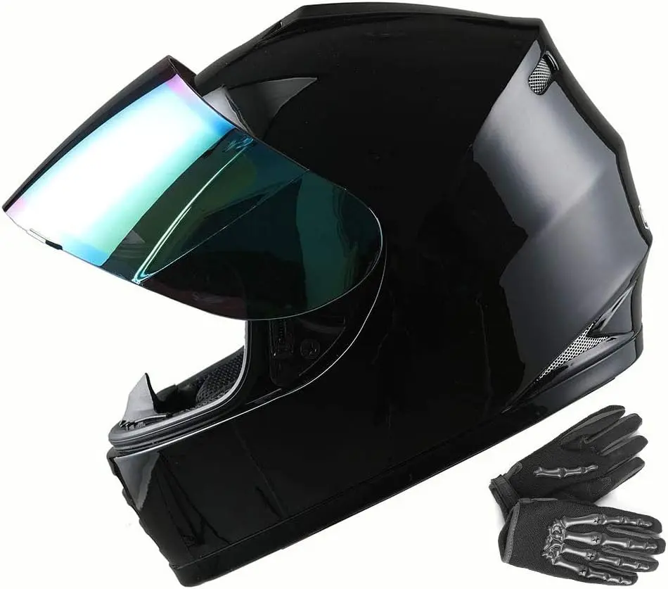 

Youth Motorcycle Full Face Helmet Street Bike BMX MX Kids Glossy Black MX Skeleton Glove Bundle