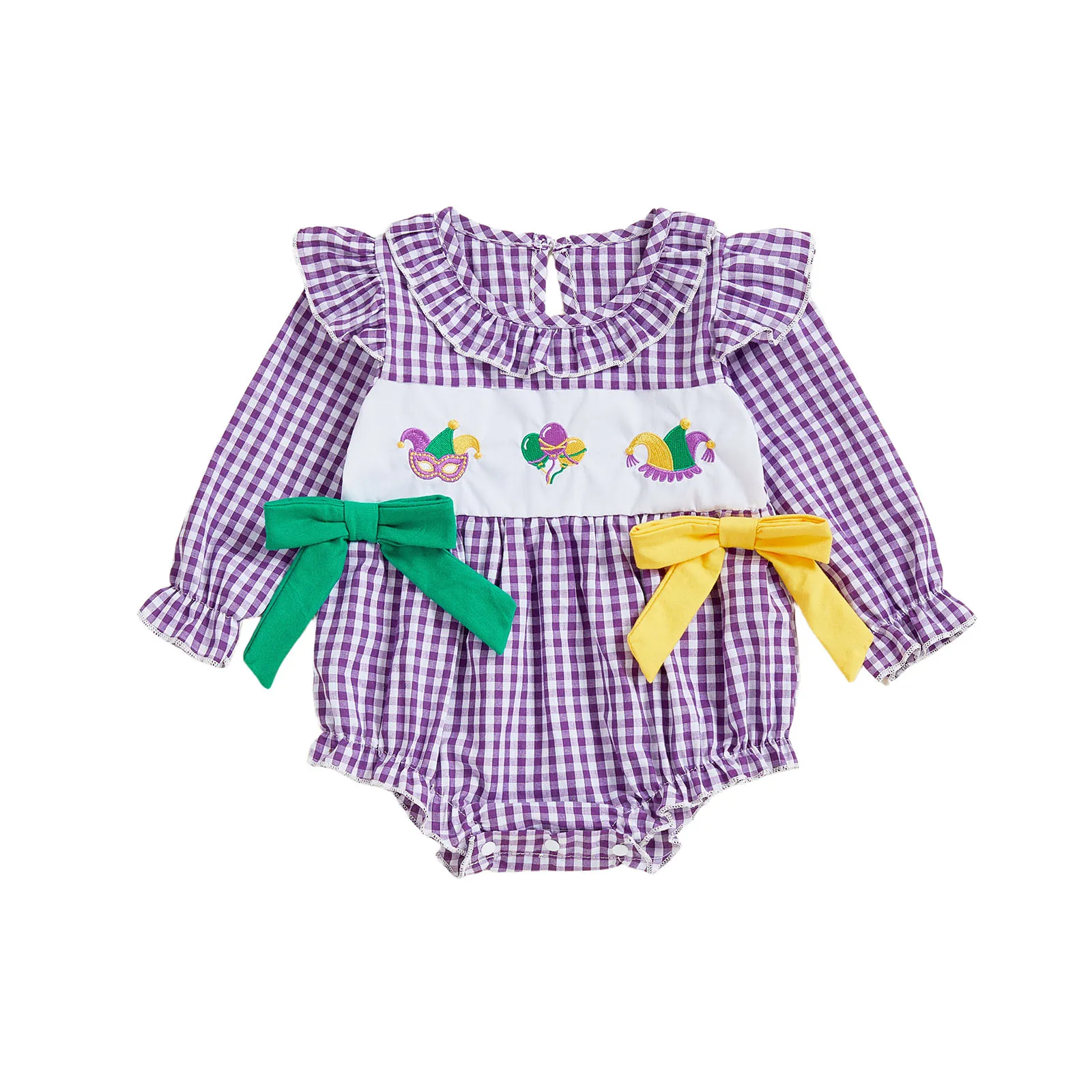 

Baby Girls Carnival Rompers Cute Long Sleeve Round Neck Plaid Print Balloon Embroidery Bow Embellished Jumpsuit