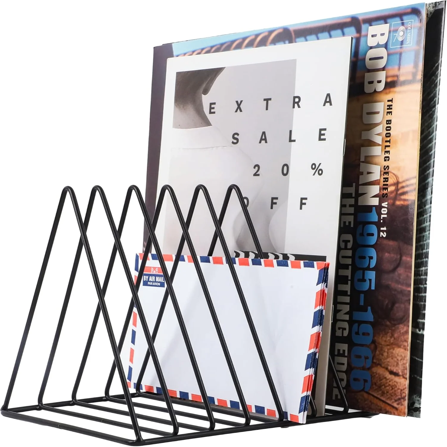 7 Slot Vinyl Record Holder , Anti-Rust Metal Magazine Album Display Rack Desktop File Organizer,  Paper Letter Newspaper Sorter 