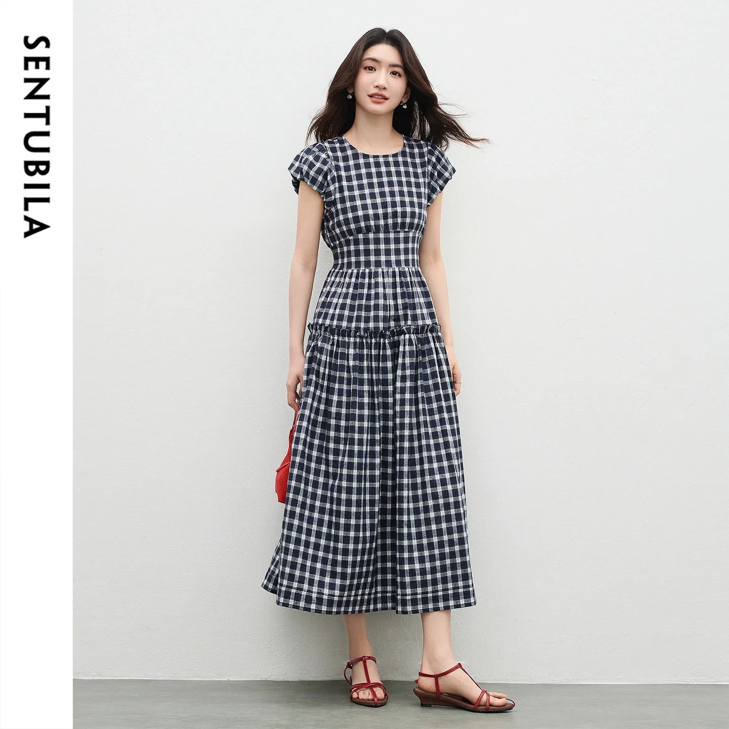 

SENTUBILA Vintage Plaid Puff Sleeve Summer Dresses for Women Versatile Crew Neck Ruffle Trim Tiered Cake Midi Dress W62LS7574