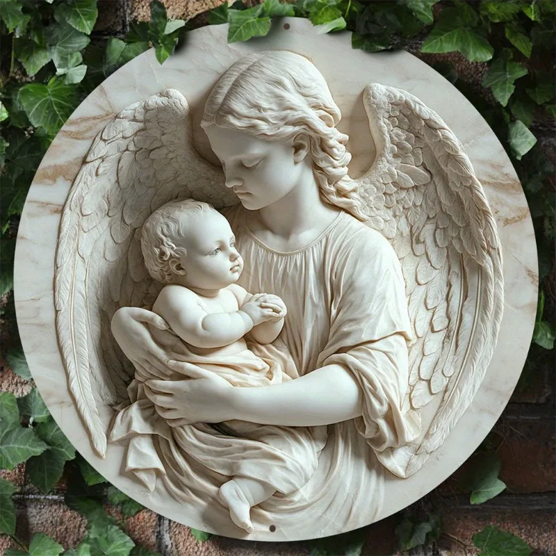 Angel Mother and Child Theme 2D Aluminum Metal Round Wreath Sign, Kitchen Coffee Home Office Wall Decor, Ideal Holiday Gifts