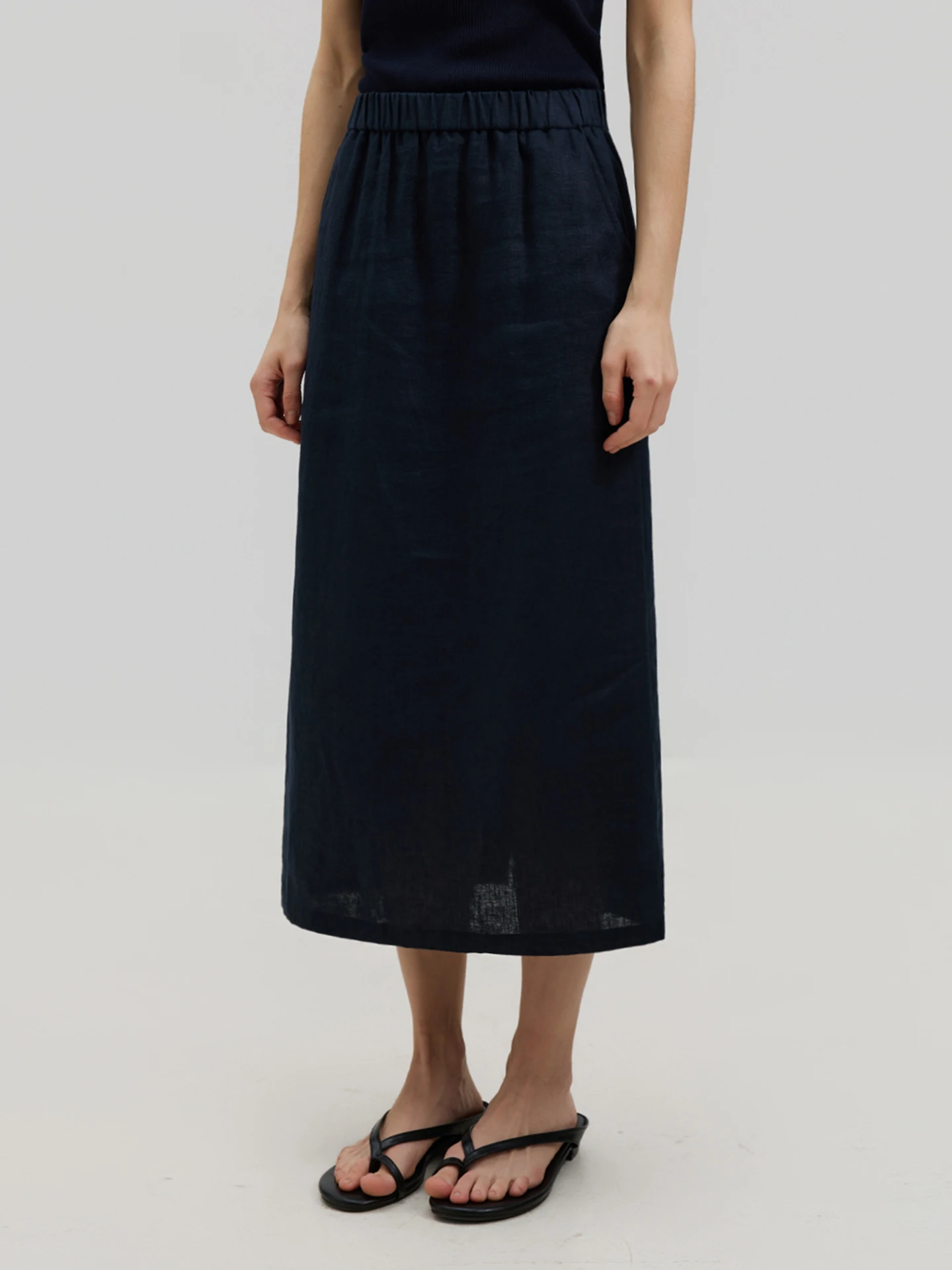 

LUR High Waist Pleated Loose Fit A-Line Midi Skirt Women's Casual Linen Skirt Dark Blue Half-length Skirt Breathable Skirt