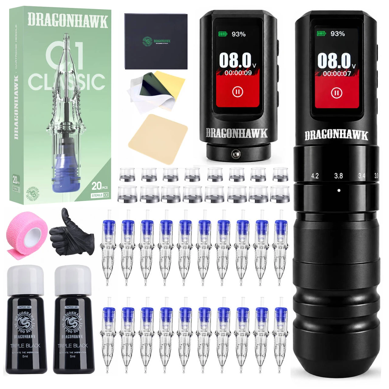 Dragonhawk Complete Tattoo Kit A3 PRO Wireless Tattoo Machine Adjustable 2.0-4.2mm Stroke with 20 Cartridge Needle for Beginners